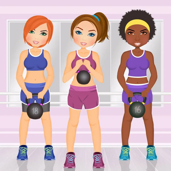 Illustration Flickor Med Kettlebell Gymmet — Stockfoto