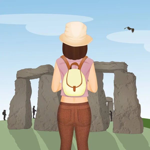 Tourist Girl Visits Archaeological Site Stonehenge — Stock Photo, Image