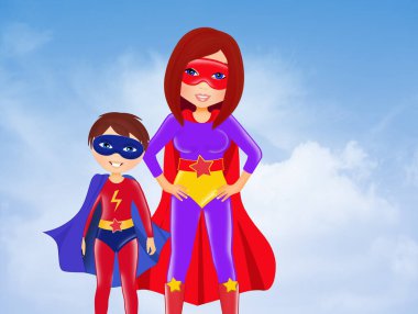 Süper kahraman kostümü giymiş annenin resmi.