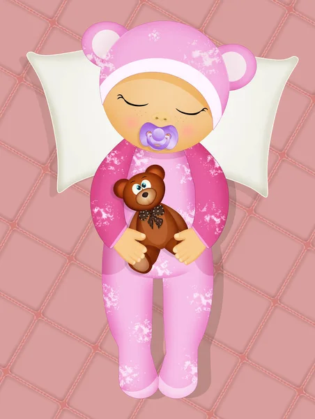 Baby Girl Sleeps Bed Teddy Bear — Stock Photo, Image