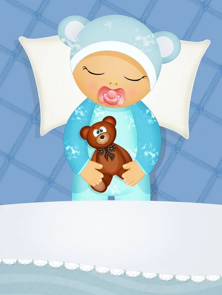 Baby Sleeps Bed Teddy Bear — стоковое фото