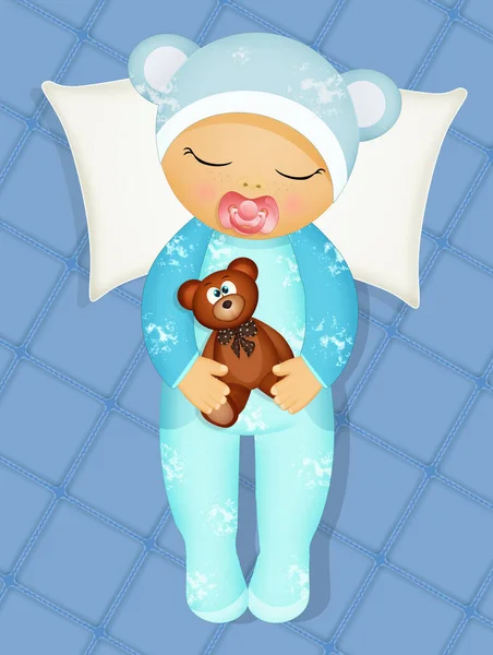 Baby Sleeps Bed Teddy Bear — Zdjęcie stockowe