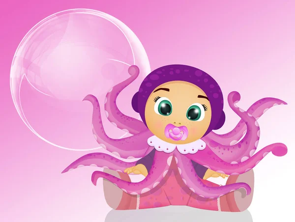 Legrační Ilustrace Baby Girl Chobotnicovým Kostýmem — Stock fotografie