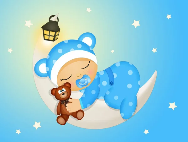 Illustration Bébé Dormant Sur Lune Avec Ours Peluche — Photo