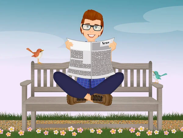 Illustration Man Reading Newspaper Sitting Bench — Stock Photo, Image