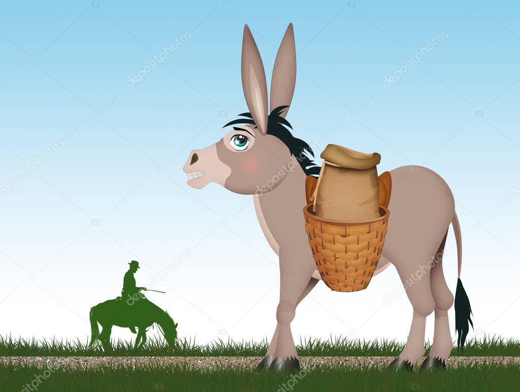 illustration of little donkey pulling baskets