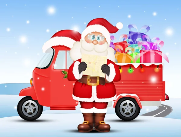 Santa Claus Delivers Gifts Pickup Truck — Stock Photo, Image