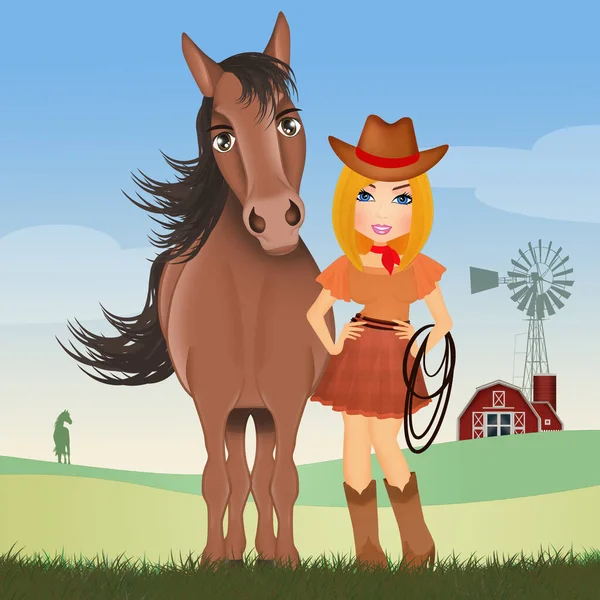 有趣的牛仔女孩和马的例证 — 图库照片