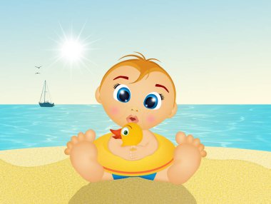 Çocuk denizde kumla oynuyor.