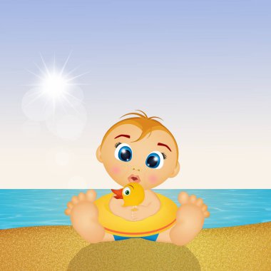 Çocuk denizde kumla oynuyor.