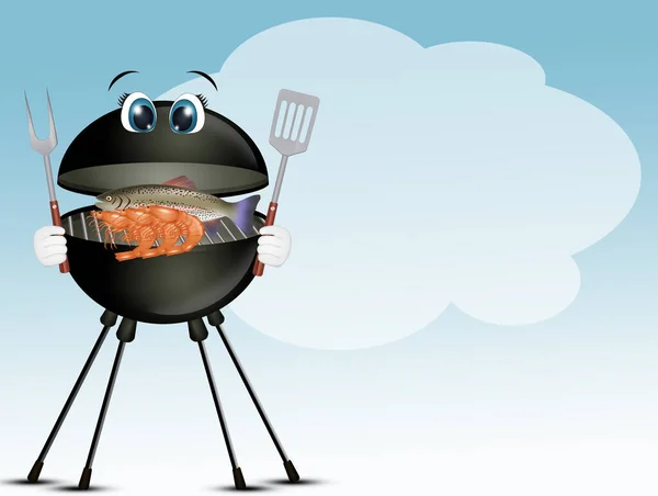 バーベキューで焼き魚の面白いイラスト — ストック写真