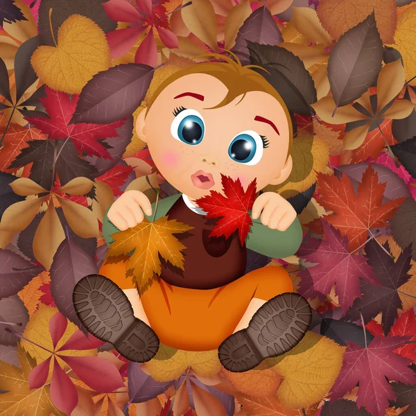 Иллюстрация Младенца Лежащего Осенних Листьях — стоковое фото