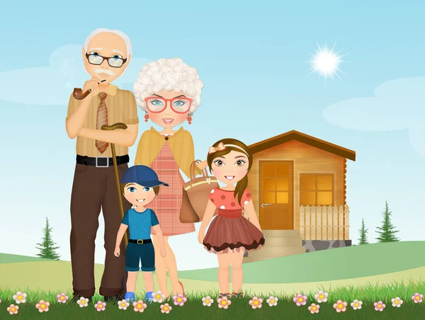 Ilustración Divertida Nietos Con Abuelos — Foto de Stock