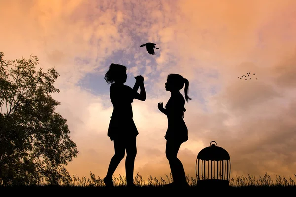 Dziewczyny Uwalniają Ptaki Klatki — Zdjęcie stockowe