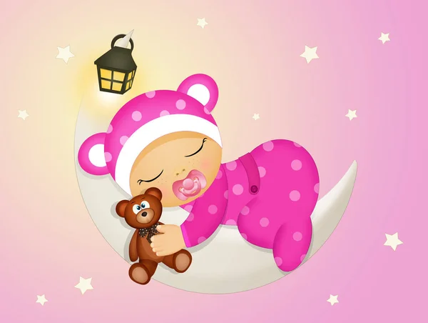 Ilustración Niña Durmiendo Luna — Foto de Stock