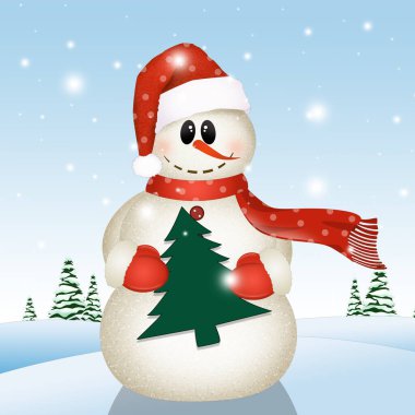 Kış manzara içinde komik kardan adam resmi