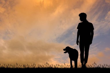 Çayırda köpeğiyle bir adam var.