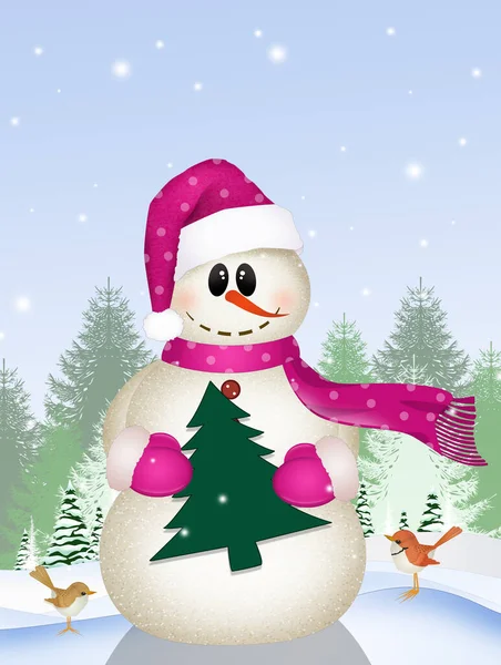 Illustratie Van Grappige Sneeuwpop Winterlandschap — Stockfoto