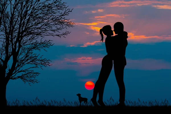 Ilustracja Pocałunku Zachodzie Słońca — Zdjęcie stockowe