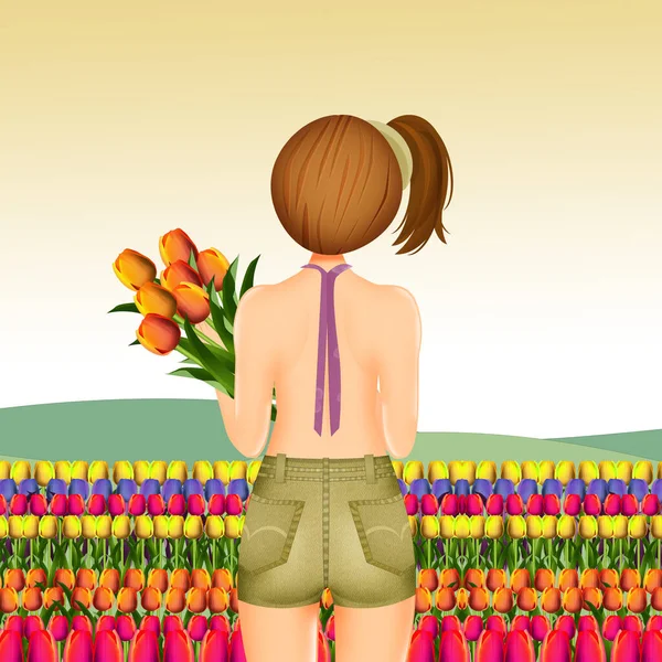 Ilustración Mujer Los Campos Tulipanes — Foto de Stock