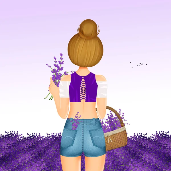 Illustration Von Mädchen Den Lavendelfeldern — Stockfoto