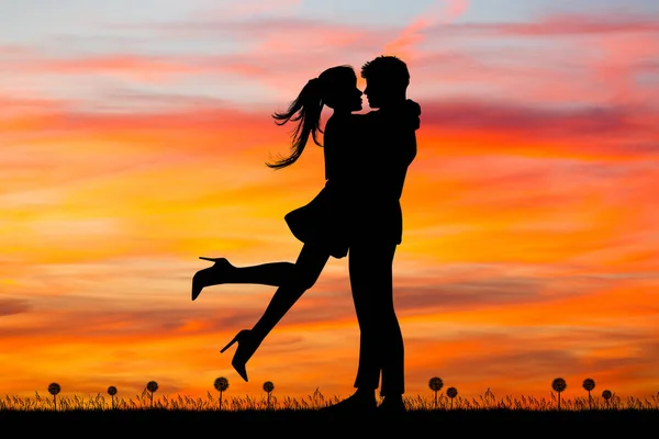 Woman Hugs Man Sunset — Stock Photo, Image
