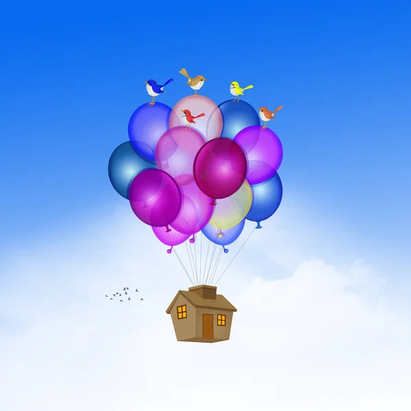 Funny Illustration Home Colorful Balloons — Stock Photo, Image