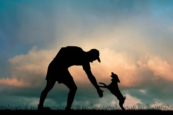 Homme Joue Avec Chien Coucher Soleil — Photo