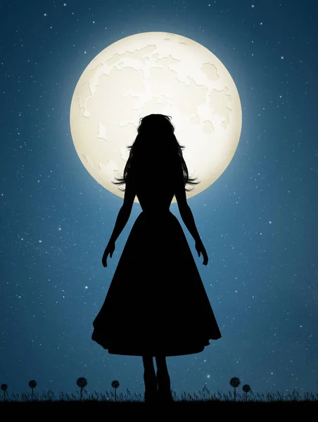 Het Silhouet Van Vrouw Het Maanlicht — Stockfoto