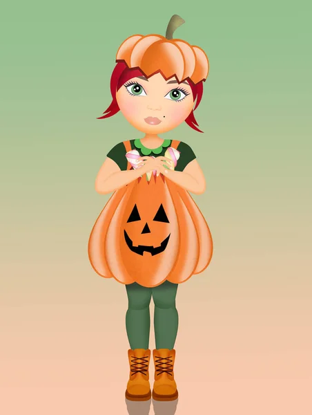 Ilustracja Małej Dziewczynki Stroju Dyni Halloween — Zdjęcie stockowe