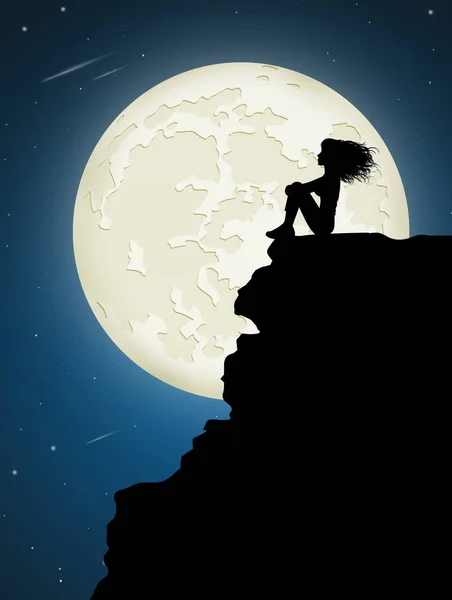 Dziewczyna Siedzi Linie Świetle Księżyca — Zdjęcie stockowe