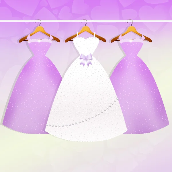 Wedding dress and bridesmaids dresses — Stock Photo, Image