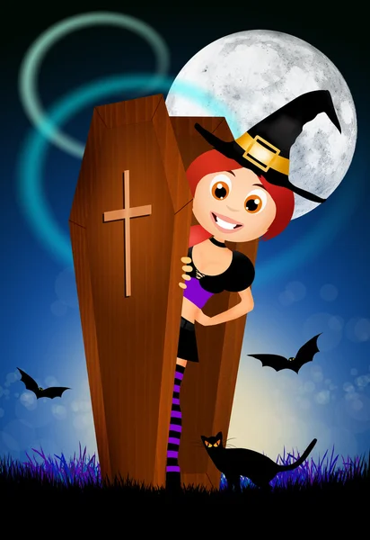 Halloween heks op het kerkhof — Stockfoto