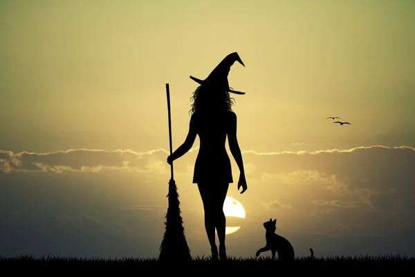 Witch silhouette at sunset — Stock Photo, Image