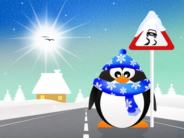 Penguin with slippery road sign — Stock Photo, Image