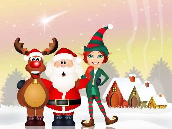 Santa Claus, reindeer and elf — Stock Photo, Image
