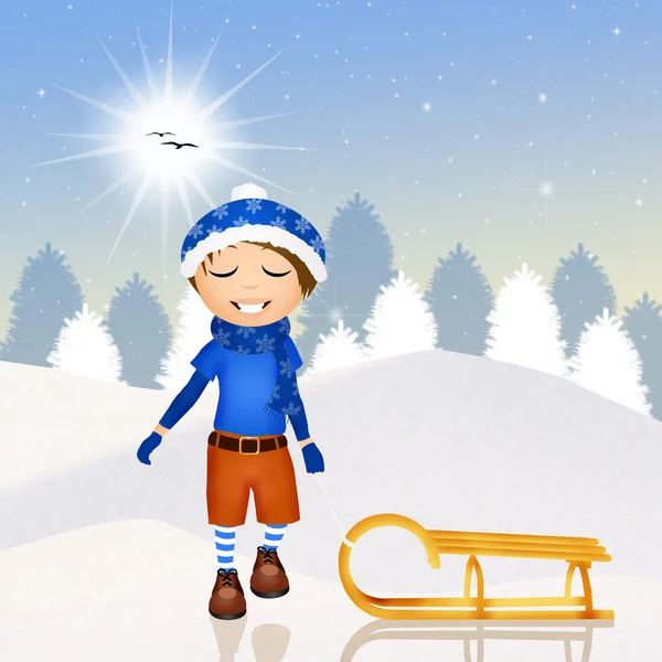 Child with sleigh on snow — Stock Photo, Image