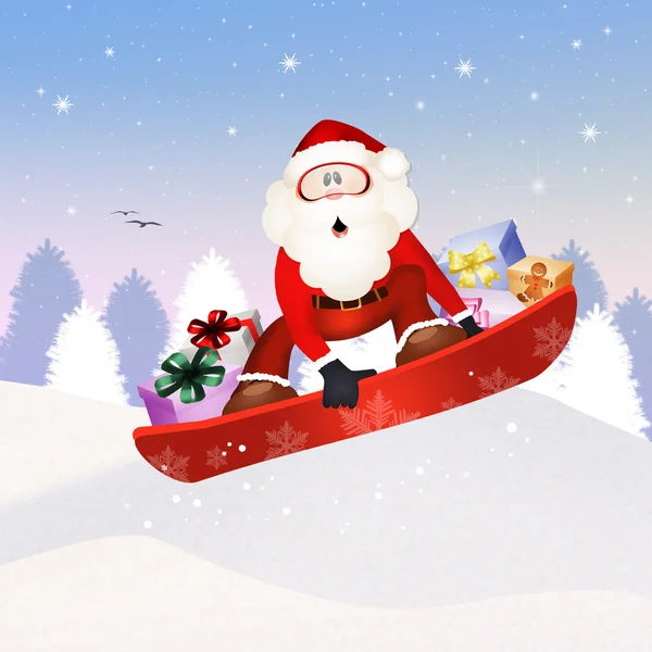 Санта-Клаус на сноуборде — стоковое фото