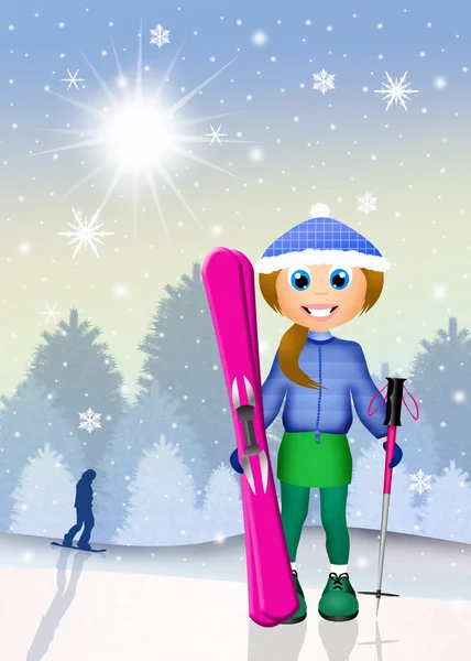 Menina com esqui — Fotografia de Stock
