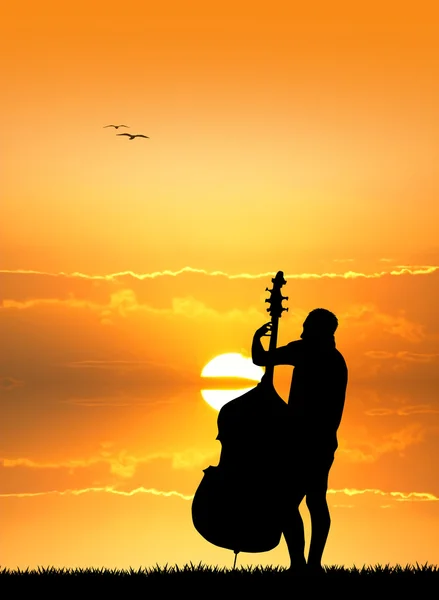 Homme avec violoncelle au coucher du soleil — Photo