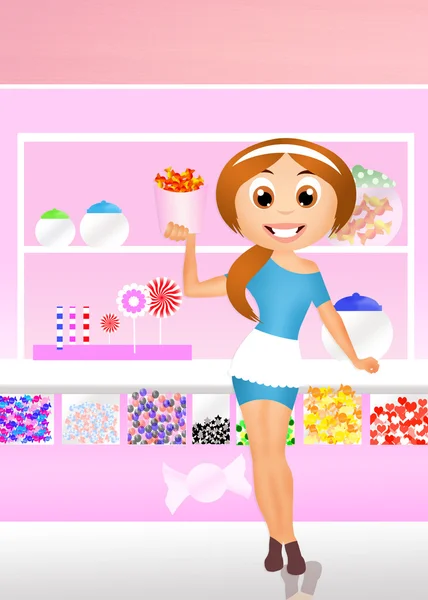 Girl sell candy — Stock Photo, Image