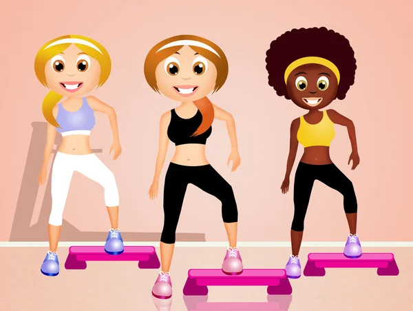 Kvinnor som motionerar på aeroba steg — Stockfoto