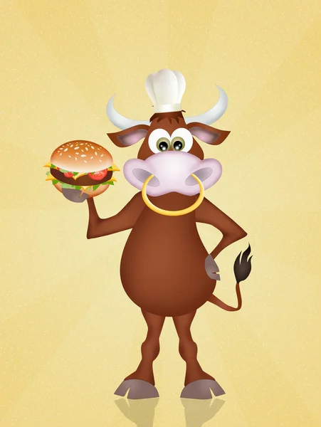 Grappige stier met hamburger — Stockfoto