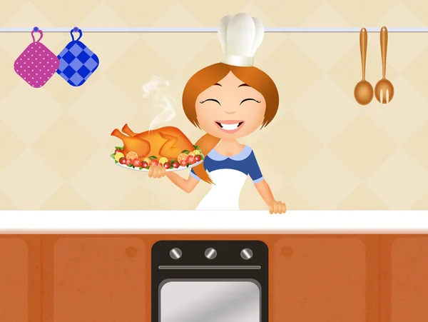 Woman with chicken in the kitchen — Stock Photo, Image