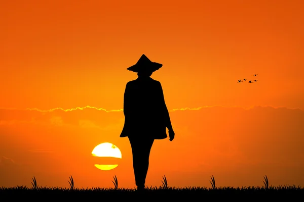 Ασιατικές αγρότης στο ηλιοβασίλεμα — Φωτογραφία Αρχείου