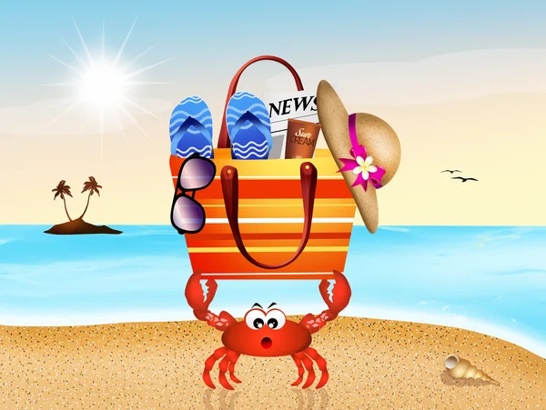 Crab with beach bag — Stock Photo, Image