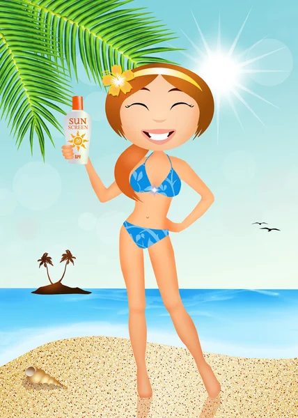 Flicka med sol lotion — Stockfoto