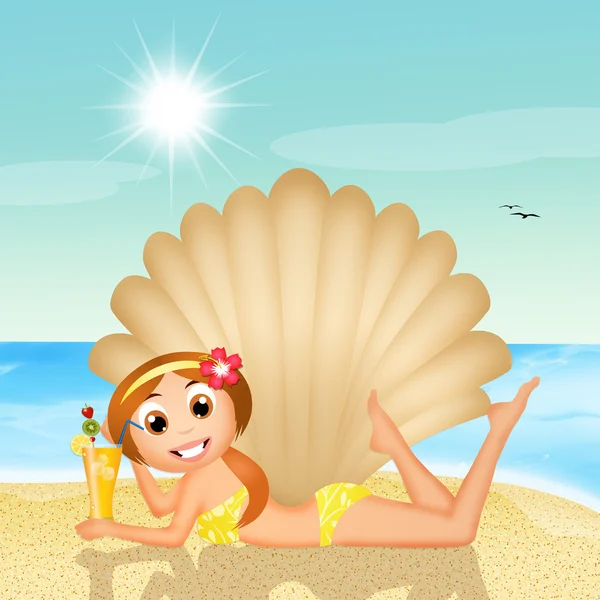 Chica con cóctel en la playa — Foto de Stock