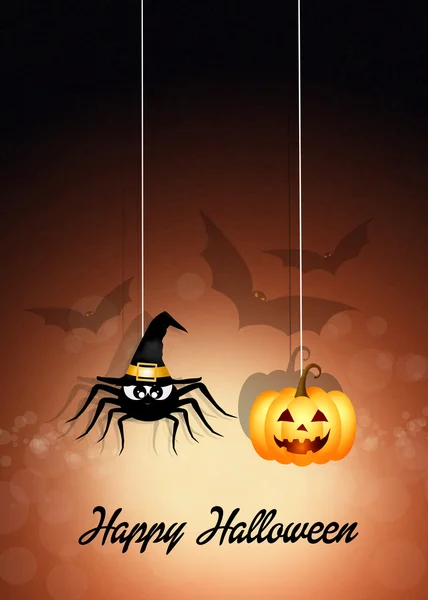 Хэллоуинский паук с тыквой — стоковое фото