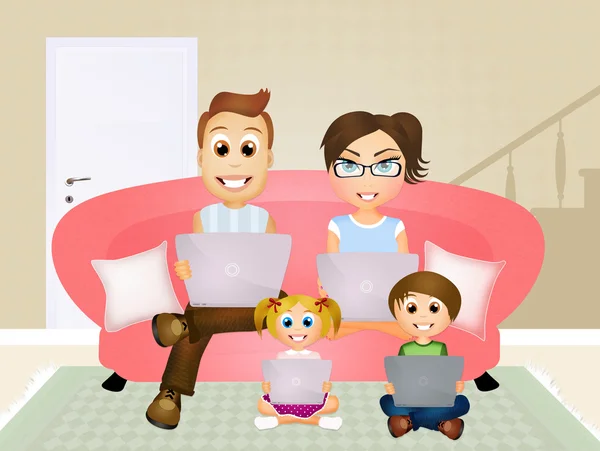 Technological family on sofa — Stock Photo, Image